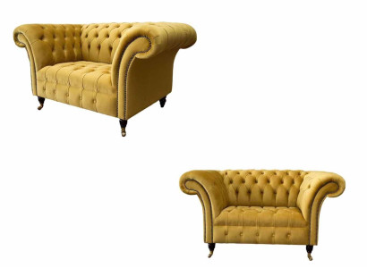 Sessel Chesterfield Möbel Set 2x Einsitzer Set Couch Sofa Gelb Textil